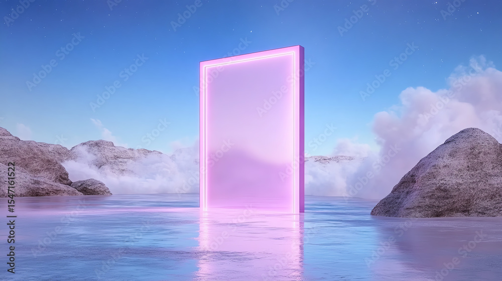 Poster a surreal portal stands in a tranquil landscape, reflecting serenity and imagination with purple hue