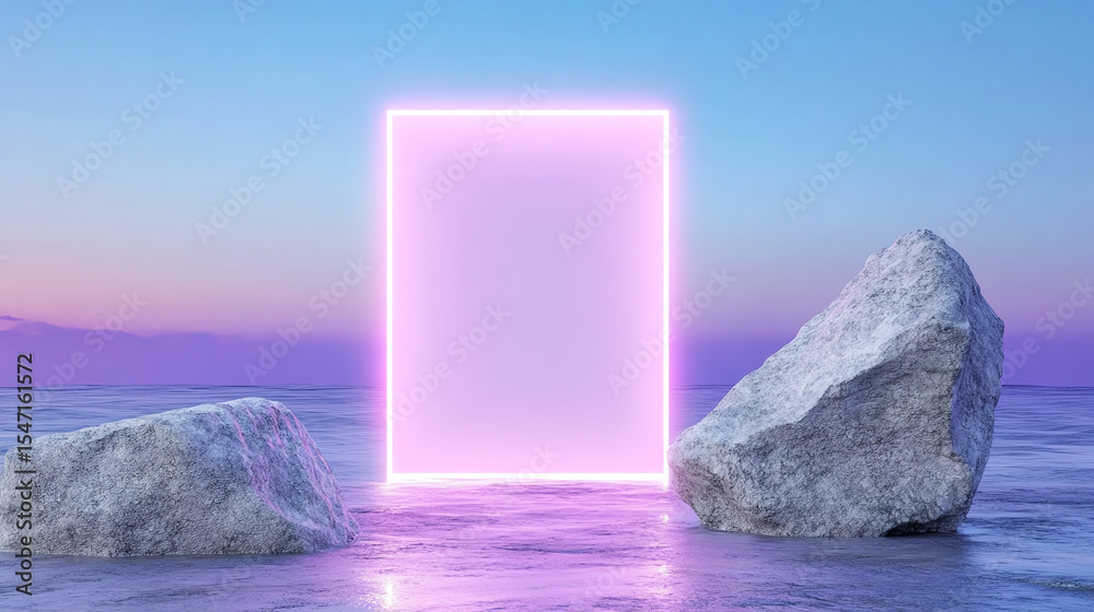 Poster a surreal scene featuring a glowing portal between two rocks at sunset, symbolizing a bridge to new 