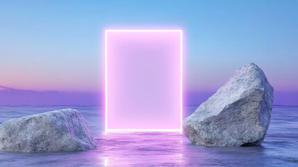 A surreal scene featuring a glowing portal between two rocks at sunset, symbolizing a bridge to new beginnings.