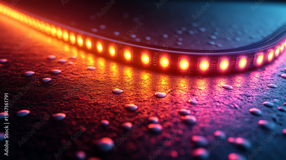 Aufkleber A vibrant LED strip illuminated by colorful lights highlights a textured surface with droplets, creating a modern, dynamic atmosphere.