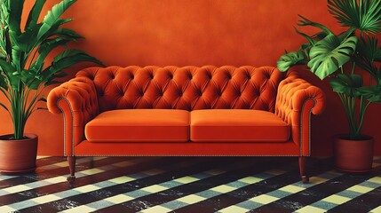 Obraz premium Orange sofa, Velvet sofa, Chesterfield sofa, Orange Velvet Chesterfield Sofa in Modern Interior