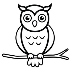 Fototapeta premium Cute Owl Coloring Page for Kids, Cartoon Owl Line Drawing Perched on Branch, Black and White Owl Illustration for Coloring Book.