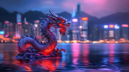 Dragon, Statue, Hong kong, Dragon Statue in Hong Kong Harbor at Night