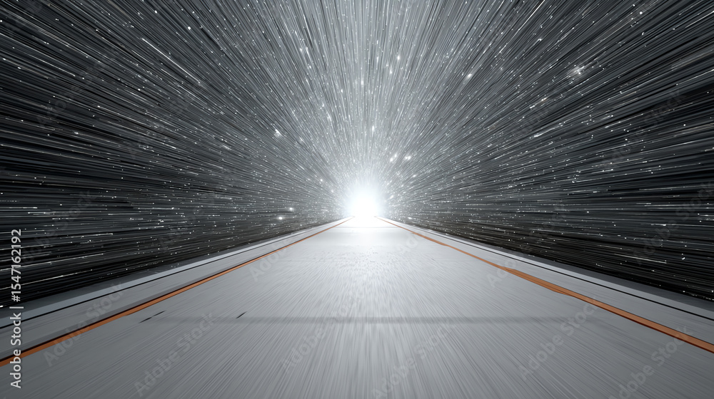 Poster An abstract representation of speed and movement through a tunnel, highlighting the feeling of rapid motion towards a bright light.