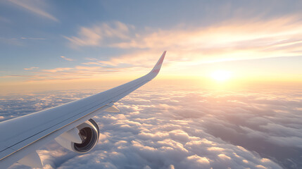 Obraz premium Aerial view of an airplane wing against a stunning sunset over the clouds, symbolizing travel and adventure in the sky.