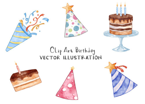 Watercolor birthday element set with birthday cake, candles, hat, chocolate cream cake, and birthday trumpet. Surprise collection for kid celebration.