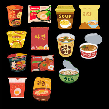 Sticker design on the theme of fast foods that are always available for sale in grocery stores (instant noodles & instant soups edition)