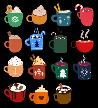Sticker design themed around Christmas hot chocolate drinks with various cup designs (in conjunction with the celebration)