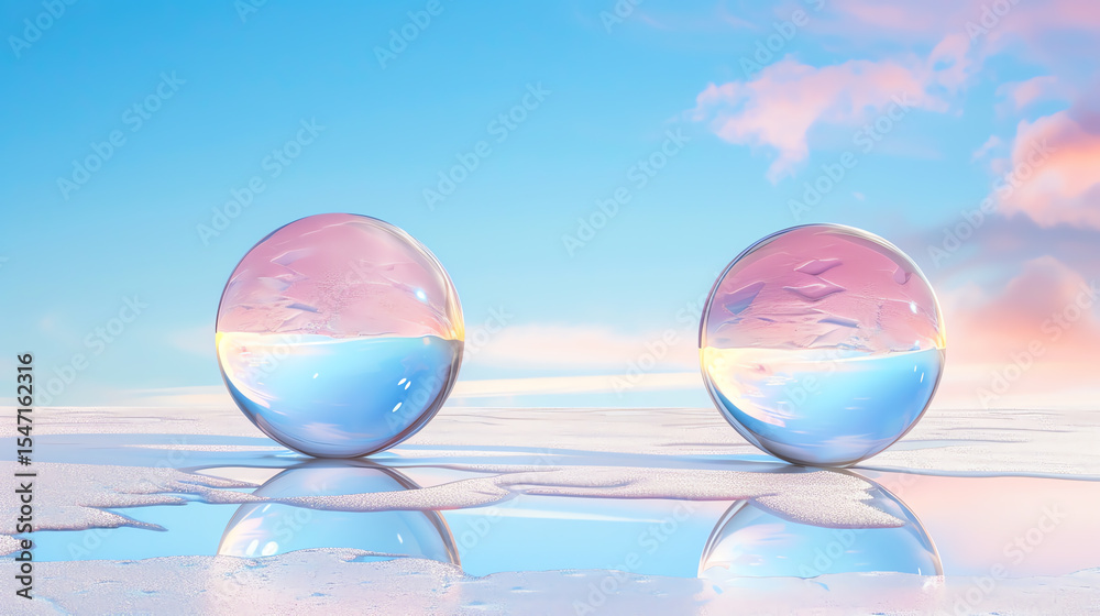 Poster beautiful glass spheres reflecting a colorful sky, creating a serene and artistic atmosphere perfect