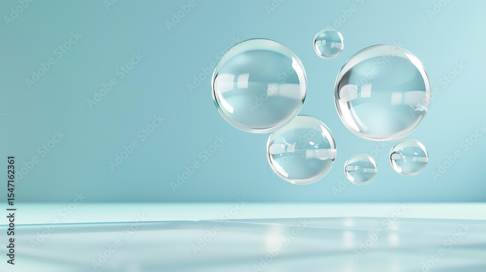 Poster Captivating image of transparent soap bubbles against a soft blue background, illustrating lightness and fluidity.