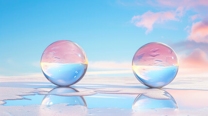 Beautiful glass spheres reflecting a colorful sky, creating a serene and artistic atmosphere perfect for creative projects.