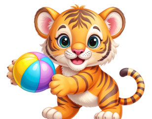 Cute Baby Tiger Cub Playing with a Ball, isolated on transparent background PNG.
