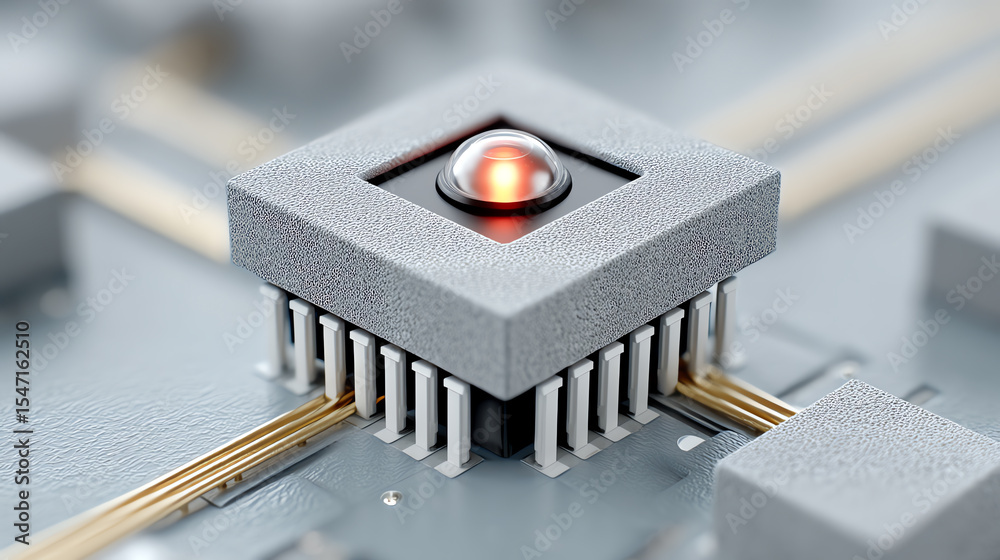Poster Close-up of a microchip with a glowing red light, showcasing intricate electronic connections and modern technological design.