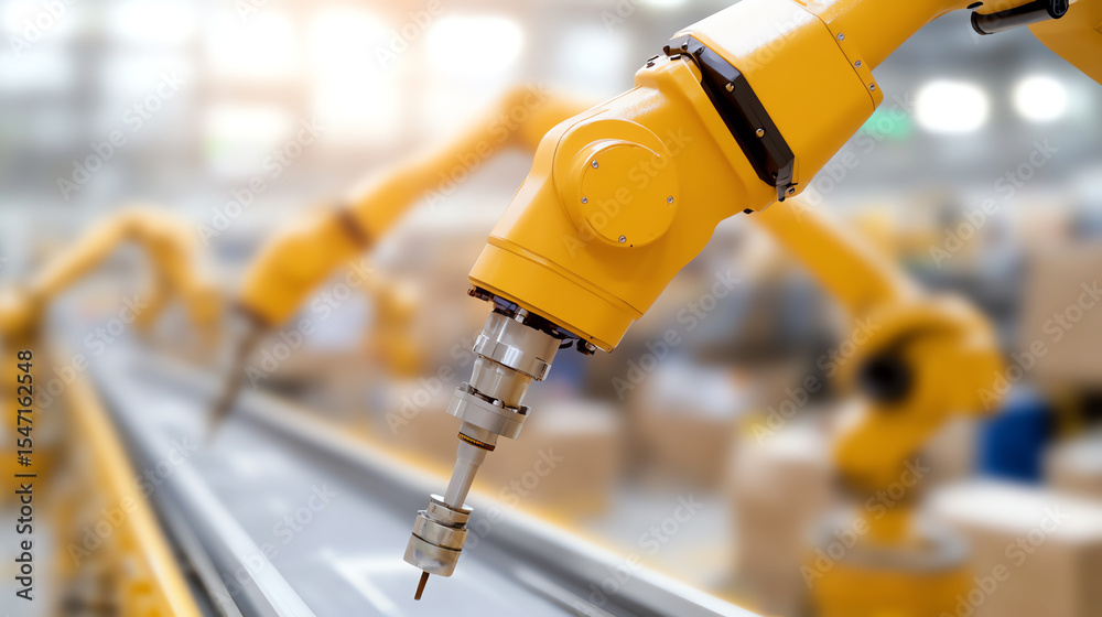 Poster Close-up of a yellow robotic arm working on an assembly line in a modern factory, showcasing advanced technology in manufacturing.