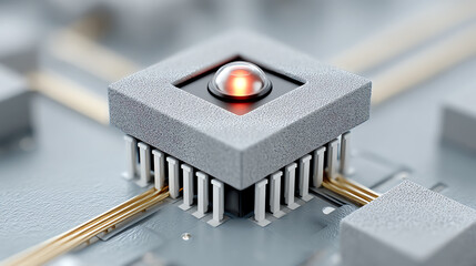 Close-up of a microchip with a glowing red light, showcasing intricate electronic connections and modern technological design.