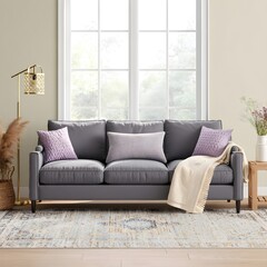 Fototapeta premium Serene Living Room with Gray Sofa and Lavender Accents