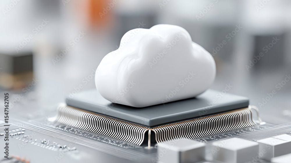 Poster Close-up view of a cloud symbol resting on a computer chip, representing cloud computing and digital innovation in technology.