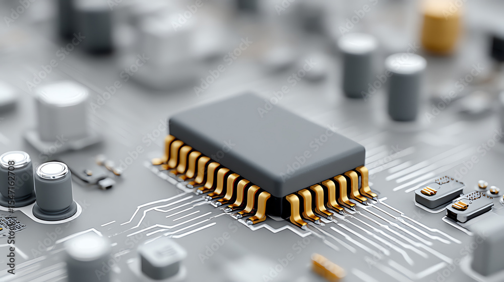 Poster Close-up view of a microchip on a circuit board, highlighting intricate details of electronics and modern technology.