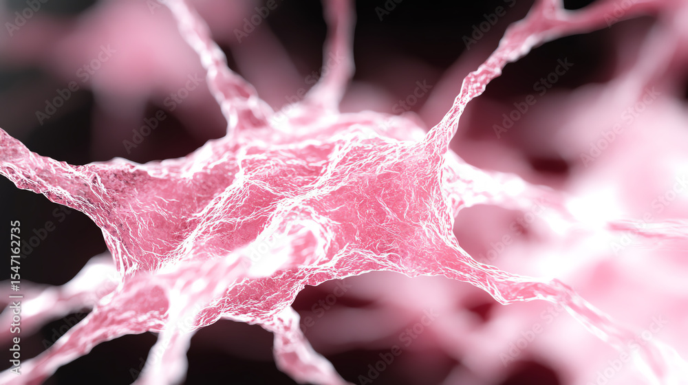 Poster Close-up view of a pink neuron, showcasing its intricate structure and connectivity, highlighting the beauty of cellular biology.
