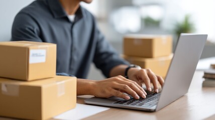 Ecommerce, Online Business, delivery box. Person typing on a laptop surrounded by cardboard boxes in a bright workspace.