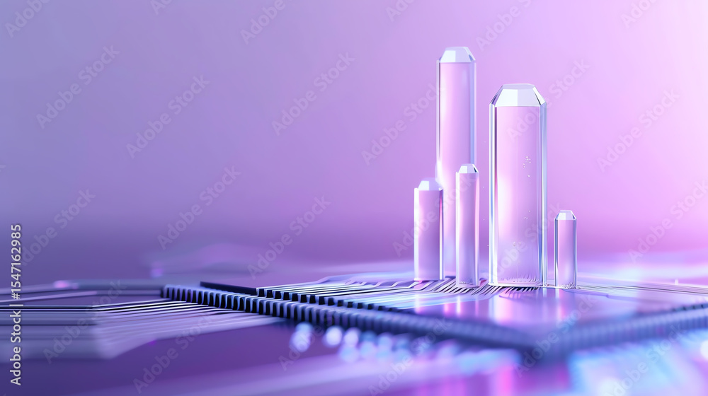 Poster futuristic illustration of a semiconductor chip with translucent towers representing innovation in t