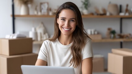 Ecommerce, Online Business, delivery box. Smiling woman working on a laptop in a cozy home office setting with decorative items around.