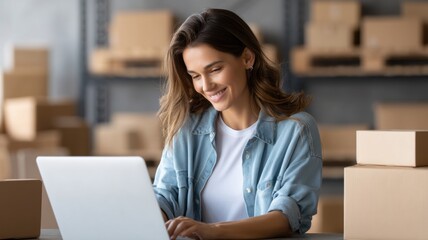 Ecommerce, Online Business, delivery box. Smiling woman working on a laptop in a warehouse filled with cardboard boxes.