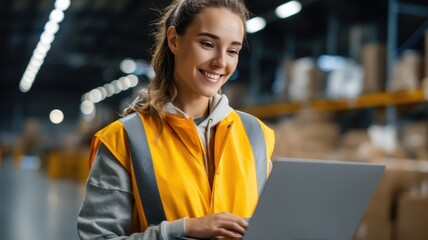 Ecommerce, Online Business, delivery box. A smiling woman in a safety vest uses a laptop in a warehouse environment.