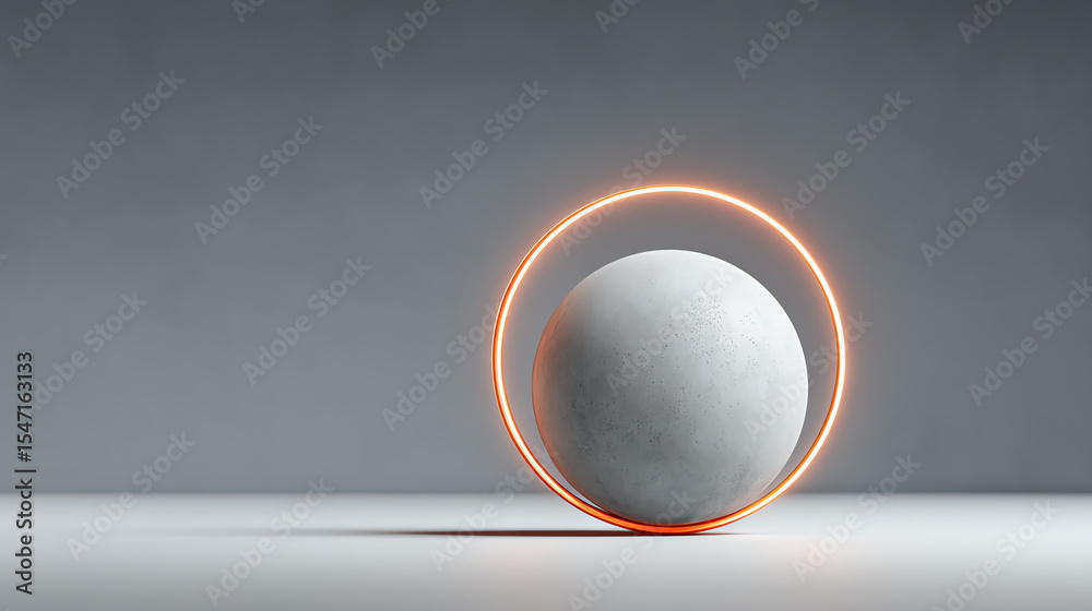 Poster modern minimalistic design featuring a concrete sphere and glowing ring against a gray background, p