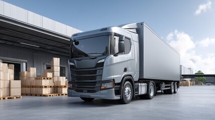 Ecommerce, Online Business, delivery box. Modern truck parked at a warehouse loading area with stacked boxes in the background.