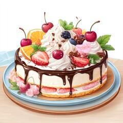 Delicious frosted cake with fruit