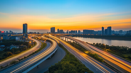 Empty highway with vibrant light trails under a warm dusk sky, capturing the essence of motion and solitude.