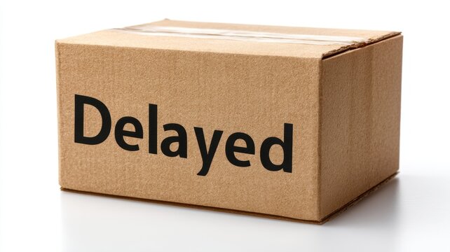 Ecommerce, Online Business, delivery box. Cardboard box labeled "Delayed" suggesting shipping issues or delays in delivery.