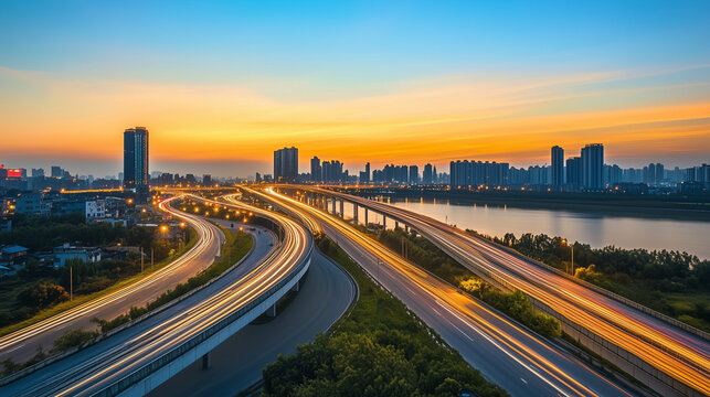 Empty highway with vibrant light trails under a warm dusk sky, capturing the essence of motion and solitude.