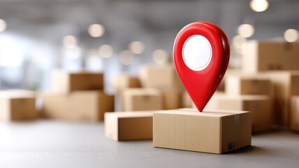 Ecommerce, Online Business, delivery box. Delivery marker on a box with blurred background of stacked packages in a warehouse.