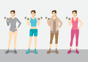 Obraz premium Women Performing Exercises with Dumbbells in Various Outfits