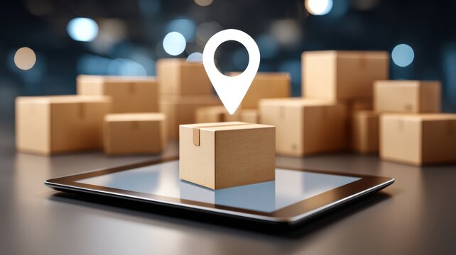 Ecommerce, Online Business, delivery box. Digital illustration of a delivery box with a location pin on a tablet, surrounded by shipping boxes. - Powered by Adobe