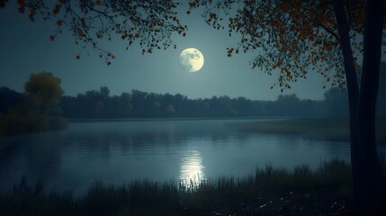 Lake, Moon, Night, Serene Moonlit Lake at Night