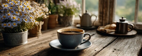 First sip with mellow coffee props concept. A cozy scene with coffee and flowers by the window.