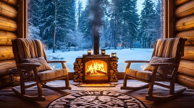 Cabin, Log cabin, Winter, Cozy Winter Cabin with Fireplace and Rocking Chairs