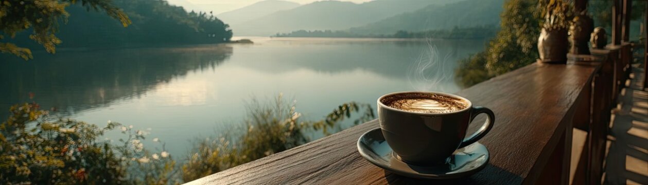 Caffeine kick from first sip and travel coffee stop concept. A steaming cup of coffee by a serene lakeside view.