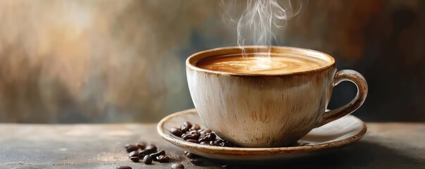 First sip with mellow coffee props concept. A steaming cup of coffee rests on a rustic wooden table.