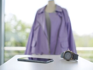 Lavender Jacket, Smartphone, and Smartwatch on Table
