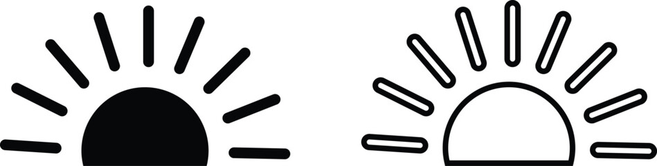 Obraz premium Sun icon set, sunshine and solar glow sunrise or sunset. Decorative circle full and half sun and sunlight. Hot solar energy for tan. Vector sun light sign collection isolated on transparent background