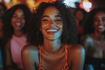 Fototapeta premium Smiling young women watching movie in theater, enjoying an entertaining film with friends and sharing laughs in a cozy cinematic atmosphere, Generative AI