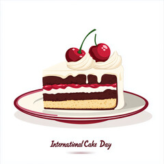 Flat icon of piece of cake with cherry on top and decorative cream, minimalist style, with text "International Cake Day", isolated on white background.