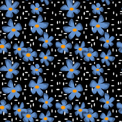 Rustic pattern with blue flowers on a black background with speckles
