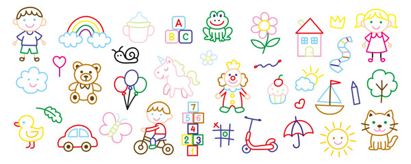 Preschool kindergarten doodle line seamless pattern. Cute daycare hand drawn elements. Vector illustration