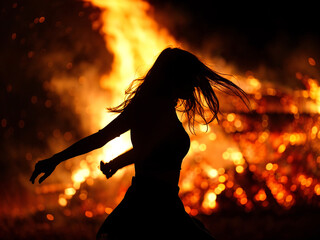 silhouette of a woman dancing in a fire flame . Generative AI