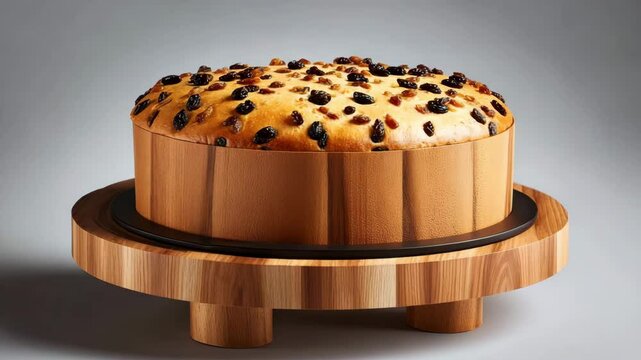 Sweet baked raisin bread and dessert fruit cake on wooden stand with nuts topping and warm tones